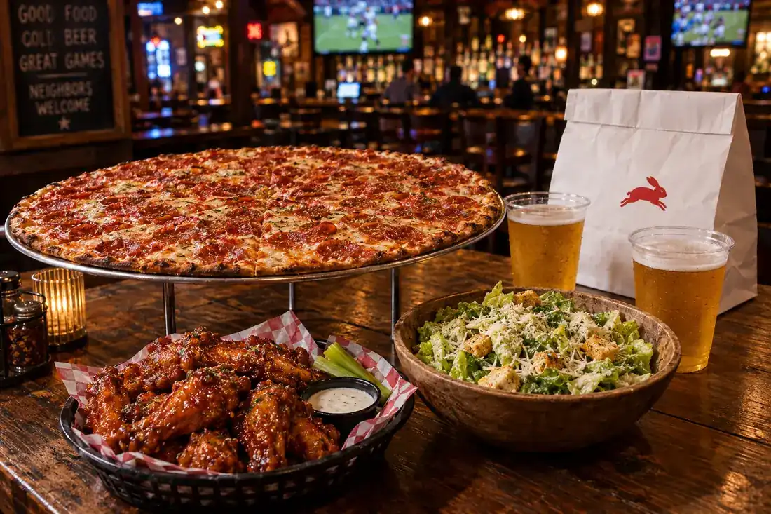 A Bunny's catering and delivery spread — bar pie, wings, garlic salad, and a delivery bag
