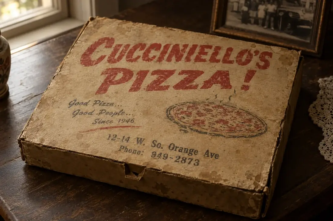 A vintage Cucciniello's Pizza box — the original family name at 12-14 W. South Orange Ave
