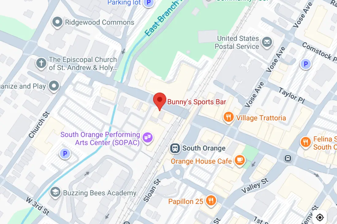 Map showing Bunny's Sports Bar at 12-14 West South Orange Avenue, South Orange, NJ