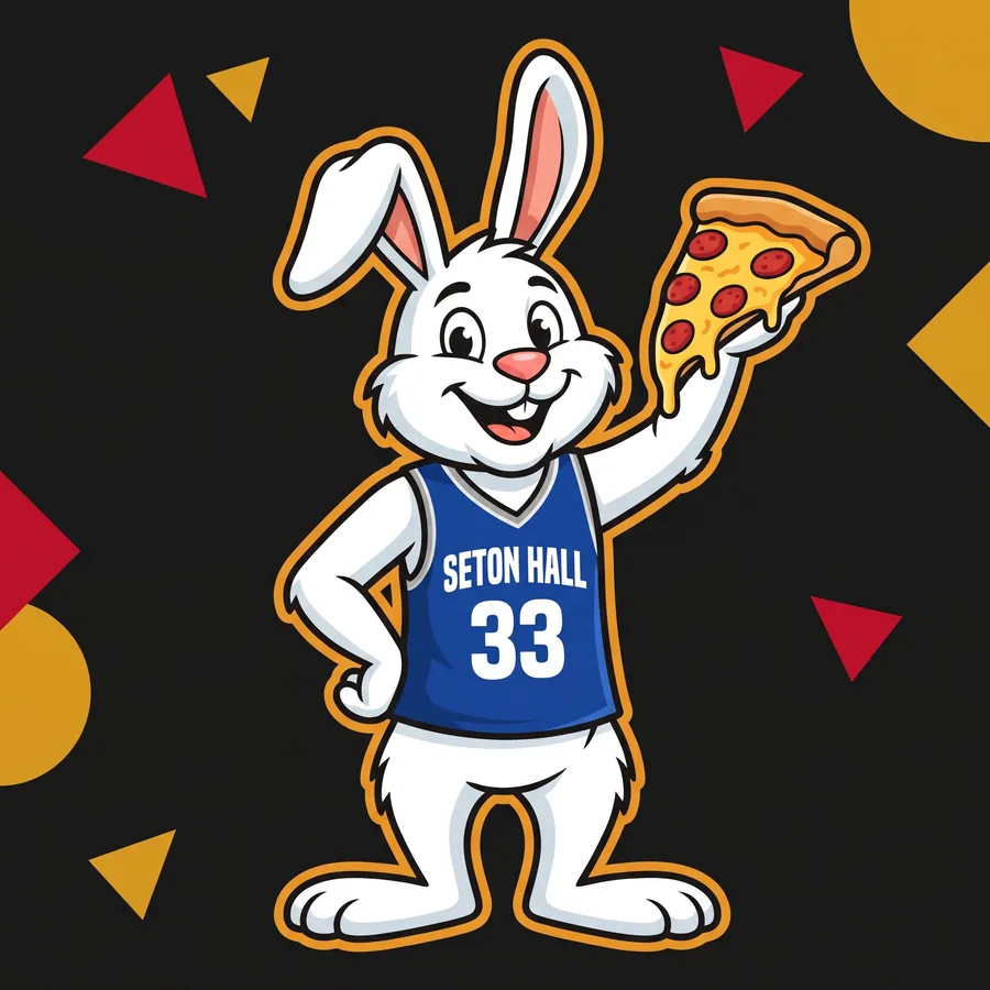Bunny, the white rabbit mascot, in a Seton Hall Hawks jersey number 33, holding a pepperoni bar pie